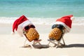 Santa`s Hat And Sunglasses Over The Pineapple At Beach