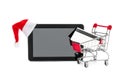 Santa`s hat on Tablet PS and shopping cart with credit card on white