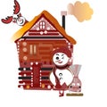 Santa s house at North Pole with snowman and his sleigh ,vector illustration Royalty Free Stock Photo