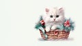 Santa's kitten - a cute white kitten sits in a basket with New Year's decor.