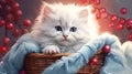 Santa's kitten - a cute white kitten sits in a basket with New Year's decor.