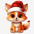 Santa\'s Little Wild Friend: Christmas Fox in Santa Hat Watercolor Clipart - Isolated on White Background - Generative AI Royalty Free Stock Photo