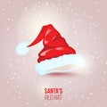 Santa`s red hat on pink snowy background. vector illustration