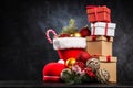 Santa`s shoe on dark background Royalty Free Stock Photo