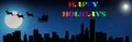 Happy Holidays - Santa\'s Slay is set against a dark silhouette skyline (Chicago) with a large moon & twinkling stars on Christmas