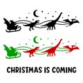 Santa\'s sleigh with dinosaurs flies across the sky.Vector silhouette Royalty Free Stock Photo