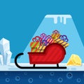 Santa`s sleigh with gifts. Vector cartoon illustration.
