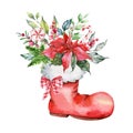 Santa\'s Socks with poinsettia, greenery and sweets hand painted watercolor illustration isolated on white Royalty Free Stock Photo