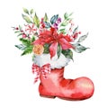 Santa\'s Socks with poinsettia, greenery and sweets hand painted watercolor illustration isolated on white Royalty Free Stock Photo