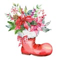 Santa\'s Socks with poinsettia, greenery and sweets hand painted watercolor illustration isolated on white Royalty Free Stock Photo