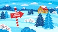 Santa_s Workshop. North Pole Christmas residence, elf village card for winter holidays cartoon vector illustration Royalty Free Stock Photo