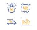 Santa sack, Quick tips and Truck transport icons set. Upper arrows sign. Gifts bag, Helpful tricks, Delivery. Vector