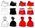 Santa sack set. Collection of santa claus bag. Empty and tied up. Red, outline and silhouette. Vector present package isolated on