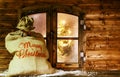 Santa Sack at Vintage Wooden Window Pane Royalty Free Stock Photo