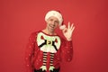 Santa says OK. Christmas elf smile showing ring gesture. Merry Christmas. Happy new year Royalty Free Stock Photo