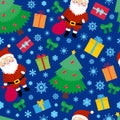 Santa seamless pattern, repeat Christmas elements, dark blue background.