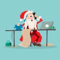 Santa sits at his desk and takes calls and orders.
