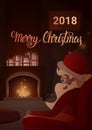 Santa Sitting Near Fireplace, Merry Christmas And Happy New Year Winter Holiday Concept Banner Royalty Free Stock Photo