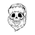 Santa Skull in Christmas hat with hipster beard Line art Tattoo. Santa Claus skeleton for Gothic alternative holiday