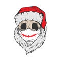 Santa Skull in Christmas hat, quarantine mask with hipster beard Line art Tattoo. Santa Claus skeleton for Gothic