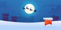 Vector santa sled with flying reindeers snow roof