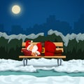 Santa sleeping on bench Royalty Free Stock Photo