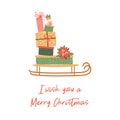 Santa Sleigh with Christmas Gifts. Cute cartoon illustration with christmas boxes isolated. New Year elements vector