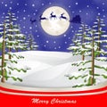 Santa sleigh over moon and Christmas tree background