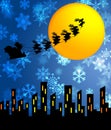 Santa Sleigh and Reindeers Flying Over the City