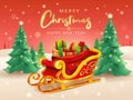 Santa sleigh with sack bag loaded with gift box presents on horizontal winter landscape background