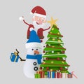 Santa and Snowman decorating Xmas tree. 3D