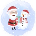 Santa and Snowman holding gift box cartoon hand drawn. Christmas background Royalty Free Stock Photo