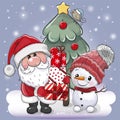 Santa and snowman in a pink hat near Christmas tree