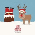 Santa stuck in chimney vintage reindeer smile snow background