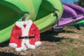 Santa suit hangs off kayaks in Lake Louisa State Park near Orlando, Florida