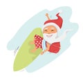 Santa on surfboard with gifts in backpack isolated Royalty Free Stock Photo