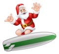 Santa Surfing On Surf Board Shaka Hand Cartoon