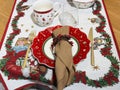 Santa themed Christmas table with plates and fork Royalty Free Stock Photo