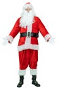 Santa throws up his hands. Full-height Santa Claus hugs, invites on white background. Christmas coming