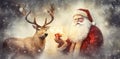 reindeer santa sleigh claus vintage illustration greeting card snow christmas. Generative AI. Royalty Free Stock Photo