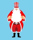 Santa Uncle Sam. American Christmas Claus. Winter cylinder. Patriotic grandfather white beard. US National new year hero