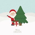 Santa wave behind tree snowy background