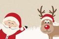 Santa wave from side reindeer red nose winter background