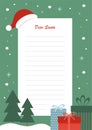 santa wish list with gift and pine tree ornament on green background