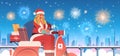 Santa woman delivering gifts on scooter merry christmas happy new year holiday celebration concept Royalty Free Stock Photo