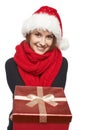 Santa woman giving gift box Royalty Free Stock Photo