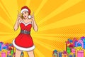 Santa woman hands point up gesture presenting something