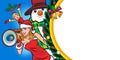 Santa woman holding megaphone with snowman and elf with christmas frame banner Royalty Free Stock Photo