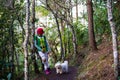 Santa women walking in forest with dog