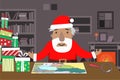 Santa Work space with map and magnifying glass, Gift Boxes, Table, Shelves, Fireplace.